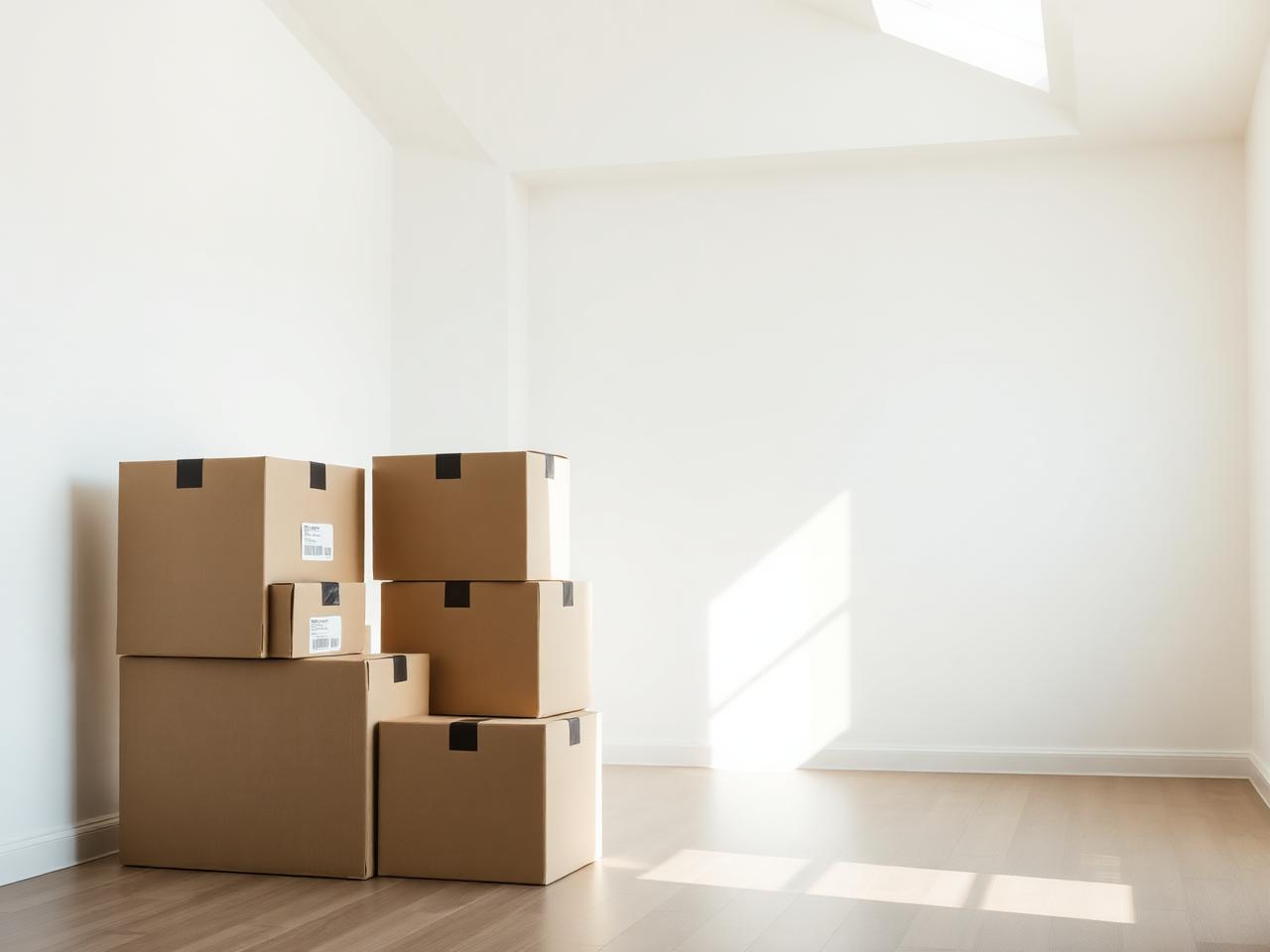 Neatly stacked labeled moving boxes in a bright empty room